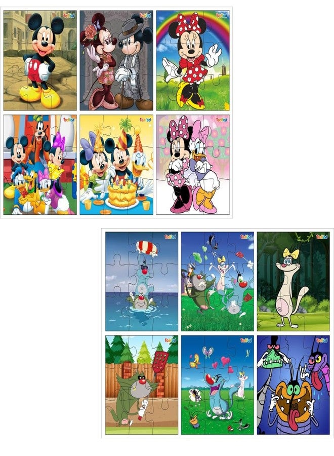 TodFod Wooden Jigsaw Puzzles Toy for Kids & Children 54 Pieces 6 in 1 Jigsaw Puzzles Educational Toy for Cognitive Development Anime Cartoon Characters Puzzle (Mickey Mouse & Oggy) - Image 1